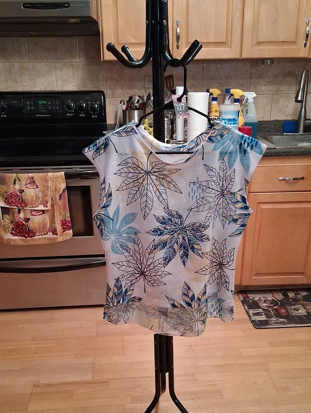 Milano Light White & Blue Tropical Leaf Print Cap-Sleeve Blouse